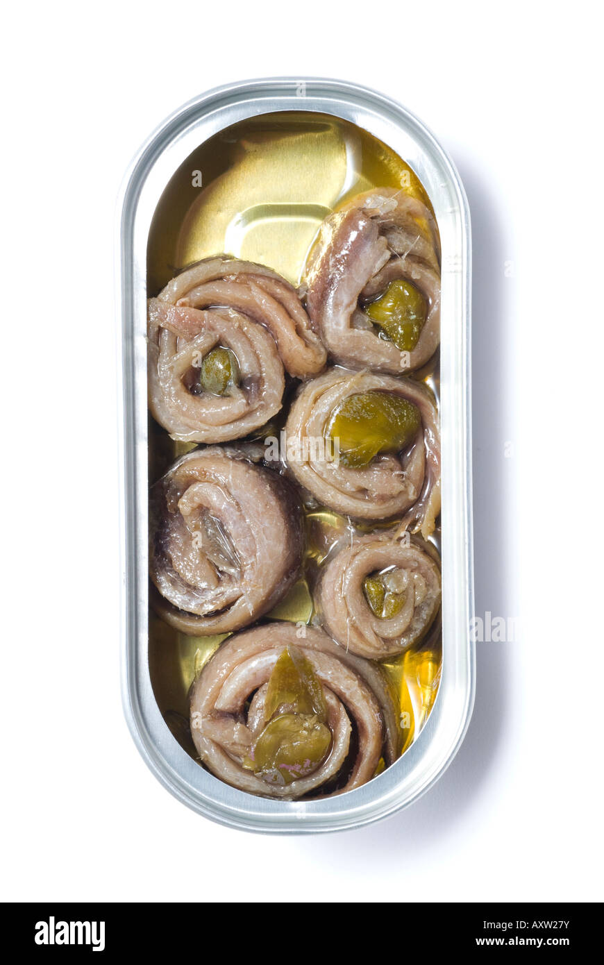 rolled anchovies appetizers with capers in pure olive oil in can Stock Photo Alamy
