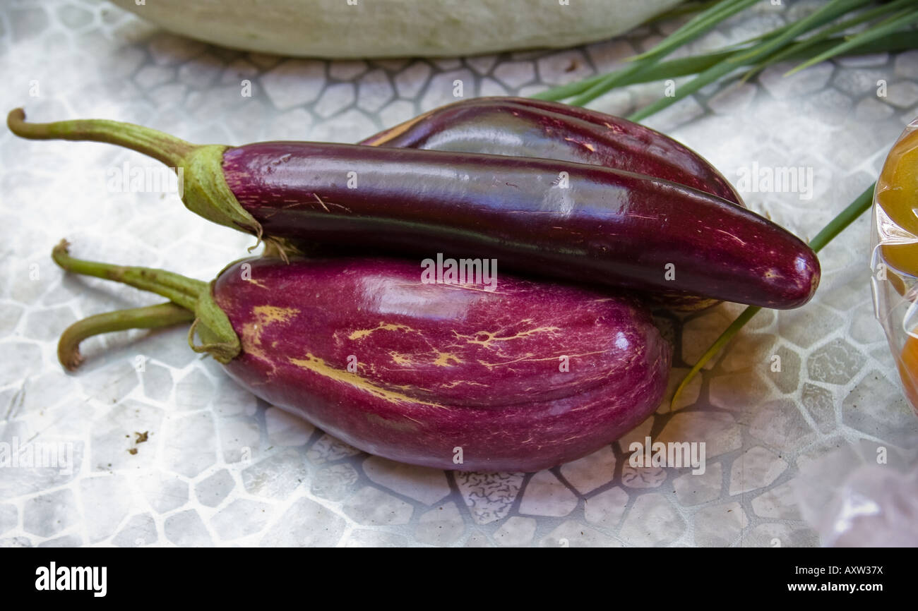 Organic Aubergines, aubergines and bringal Stock Photo