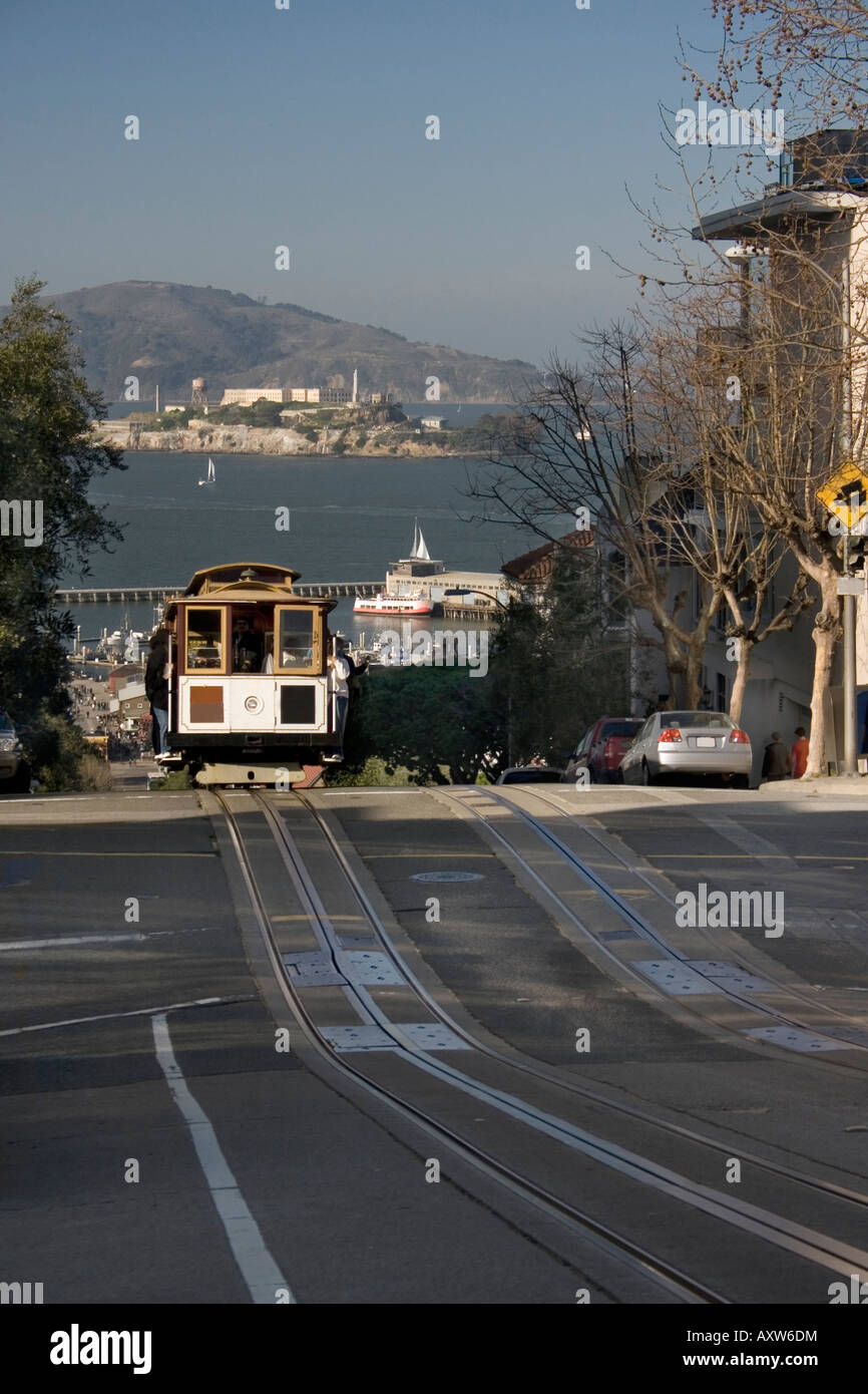 Classic view of San Francisco cable car with Alcatraz in the distance. Stock Photo