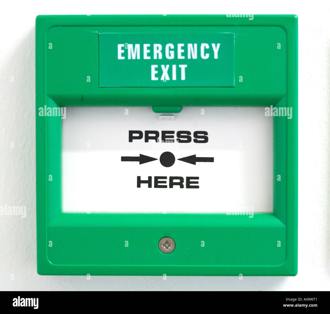 green emergency exit button to open door press here Stock Photo - Alamy