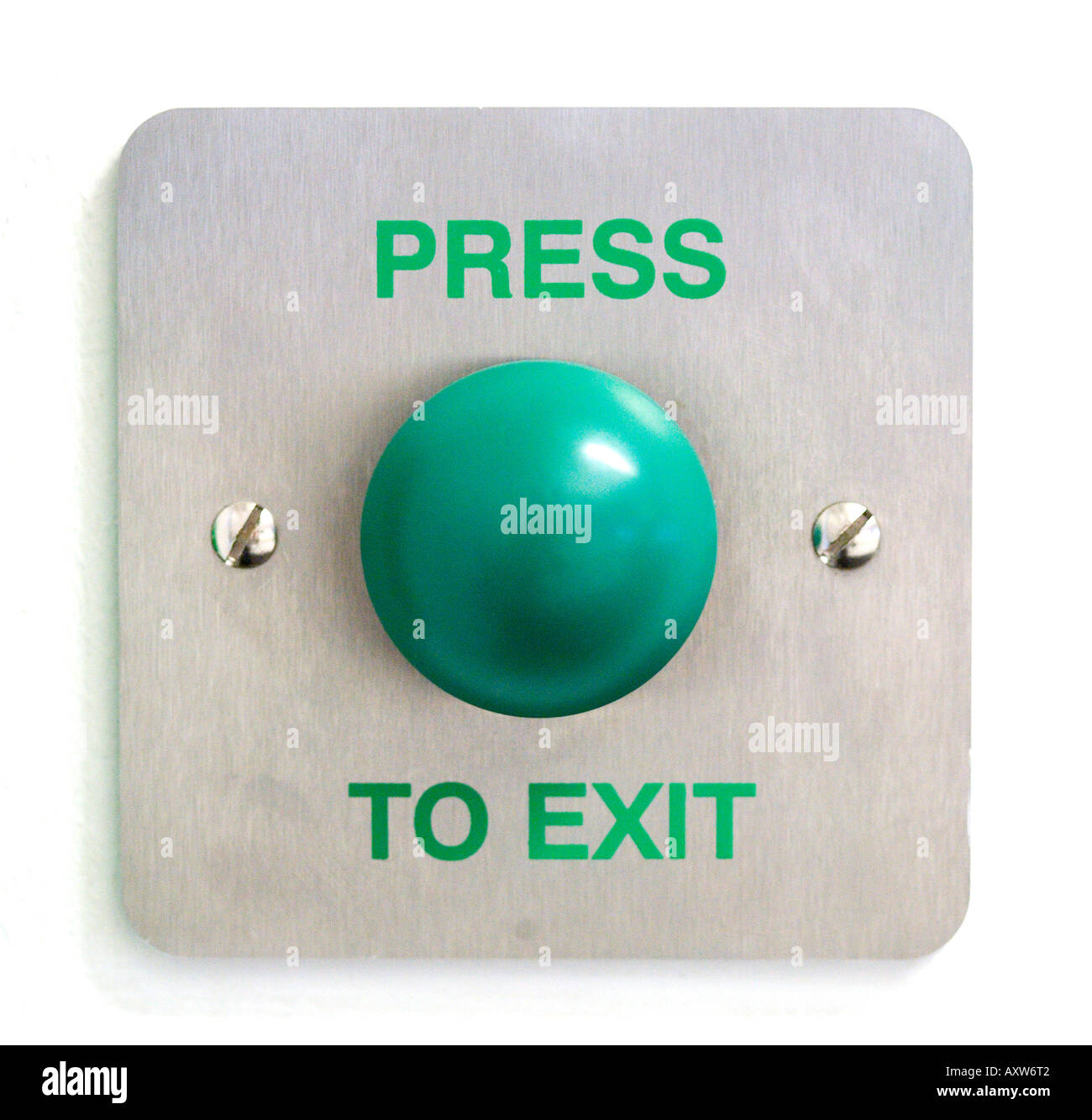 green emergency exit button to open door press here Stock Photo