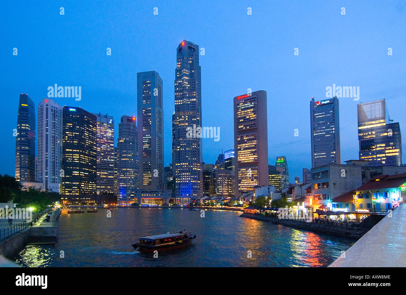 SINGAPORE ASIA Skyline at dawn night evening Boat Quay marina bay