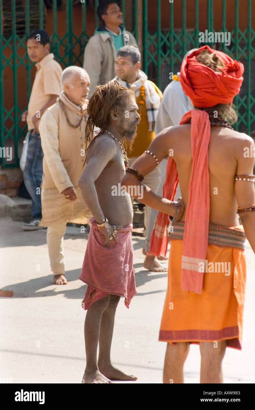 Hindu sadhu sadu  holy sacred man at  Pashupatinath Tempel cremation area pashu pati kathmandu bodnath NEPAL ASIA holy river Stock Photo