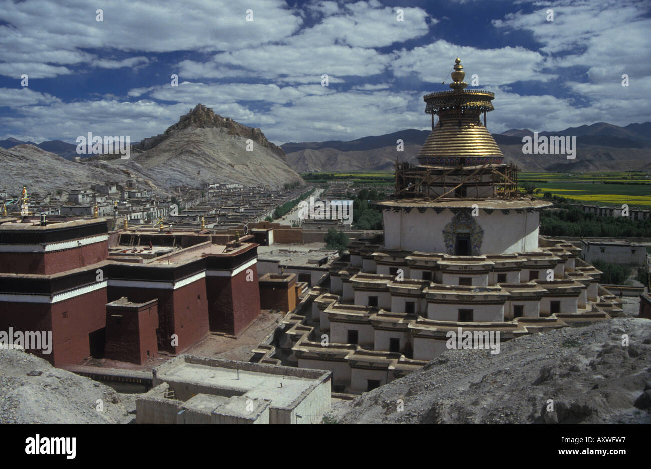 Tibetan Buddhist stupa and gompa fort in background Gyantse Tibetan Plateau Tibet Autonomous Region Peoples Republic of China Stock Photo