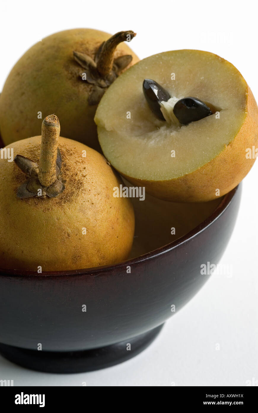 Marmelade Plum (Manilkara zapota, Achras zapota), three Sapodilla fruits Stock Photo