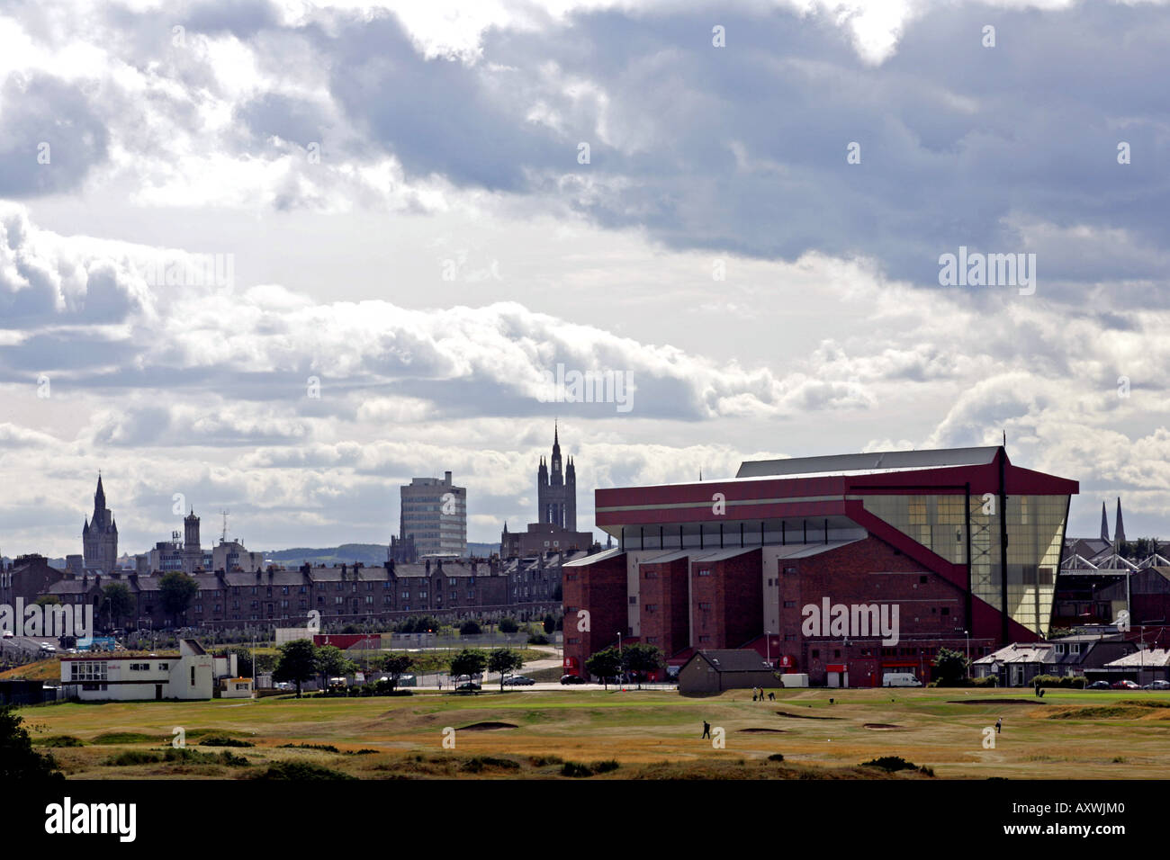 Aberdeen Football Club, Scotland, stadium Pittodrie Stadium with city of Aberdeen in background Stock Photo