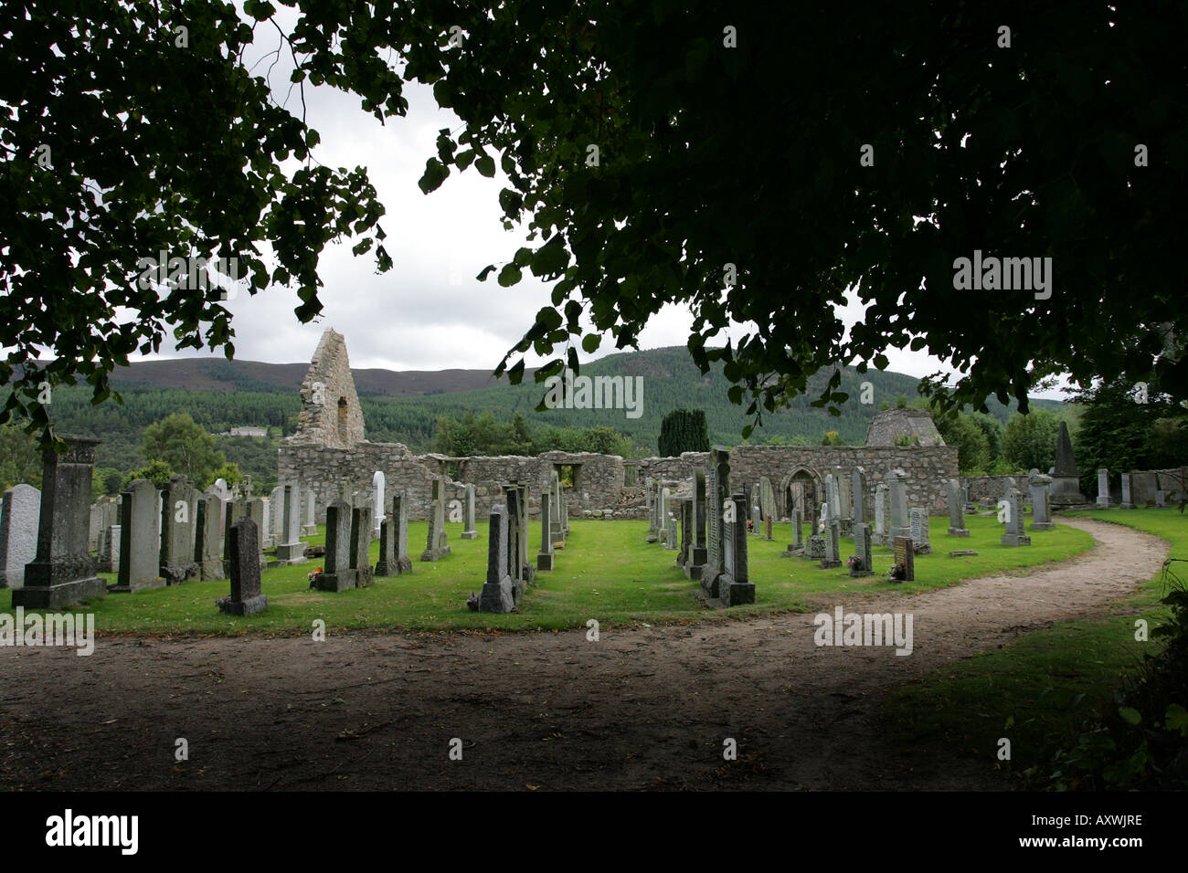 The ruins of  Tullich Kirk and Kirkyard near Ballater, Aberdeenshire, Scotland Stock Photo
