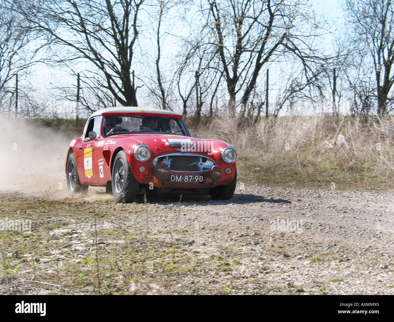 red rally Austin Healey 100/6 at speed on gravel road at International Horneland Rally Netherlands Stock Photo