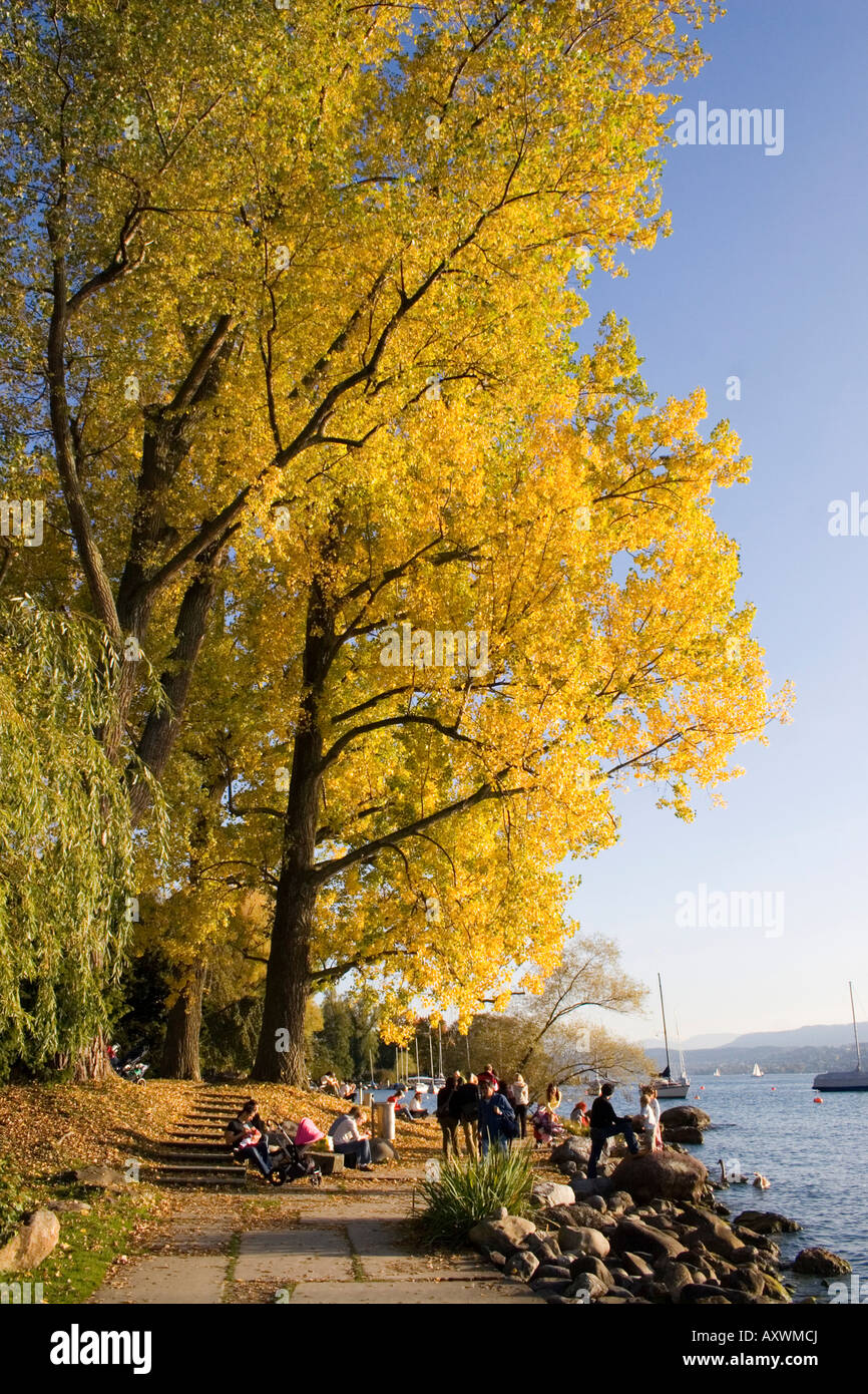 Switzerland Zuerich Zurich lake promenade in autumn people trees Stock Photo