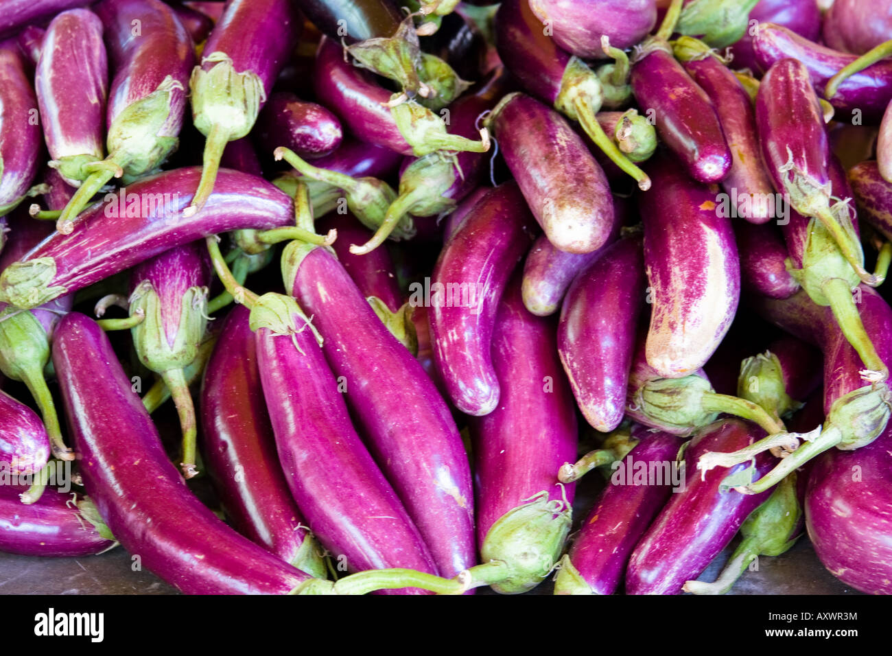 Organic Aubergines, aubergines and bringal Stock Photo