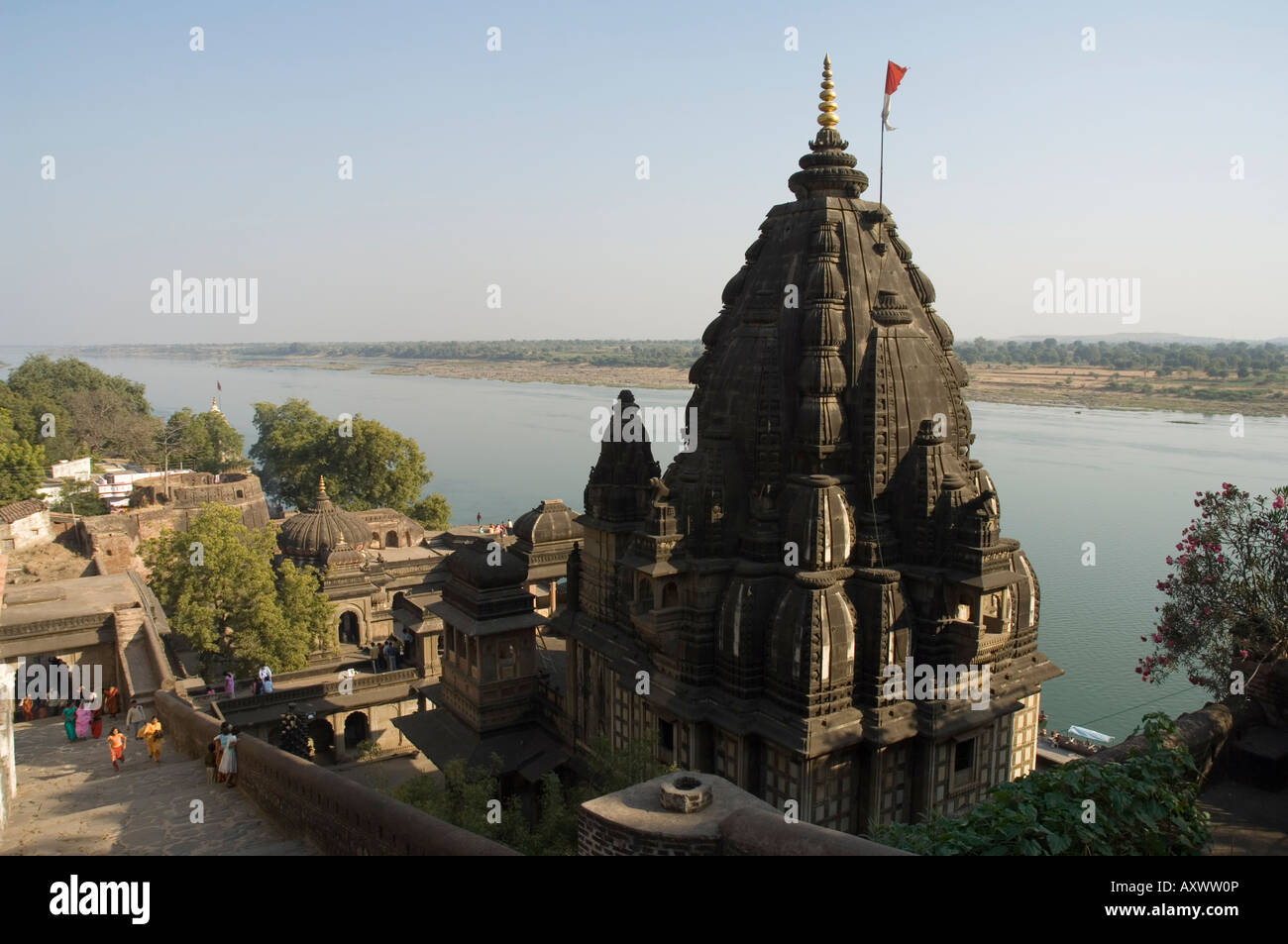 View of the Shiva Temple with the Narmada river in background, Maheshwar, Madhya Pradesh, India Stock Photo