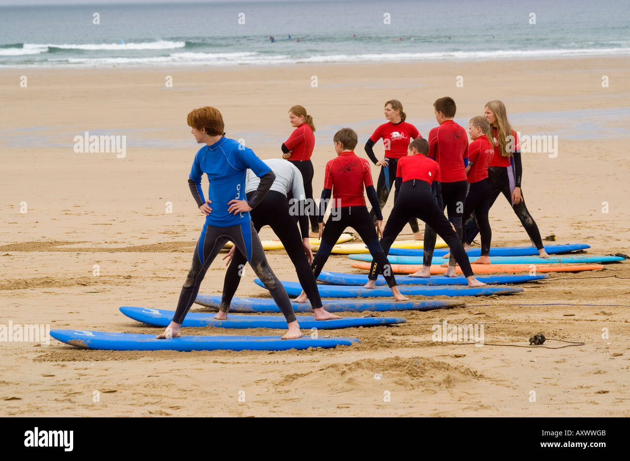 Surf school, Watergate Bay, Newquay, Cornwall Stock Photo
