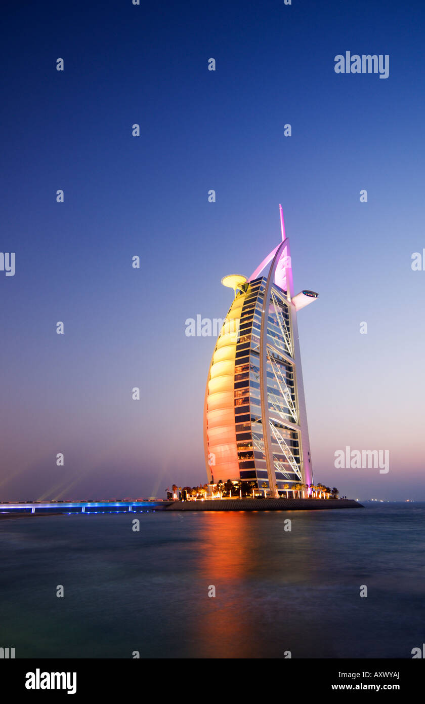 Sunset, Burj Al Arab Hotel, Dubai, United Arab Emirates, Middle East Stock Photo