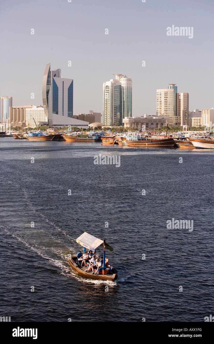 Dubai Creek (Khor Dubai), Dhow Wharfage and commercial centre, Deira, Dubai, United Arab Emirates, Middle East Stock Photo
