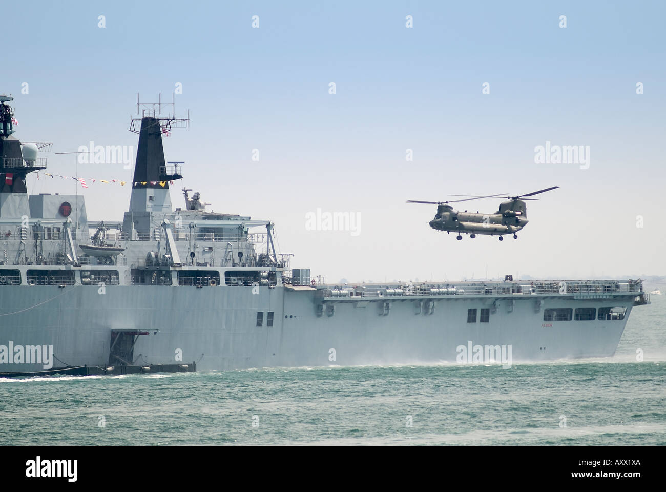 Chinook helicopter landing on HMS Albion Assault ship L14 Stock Photo