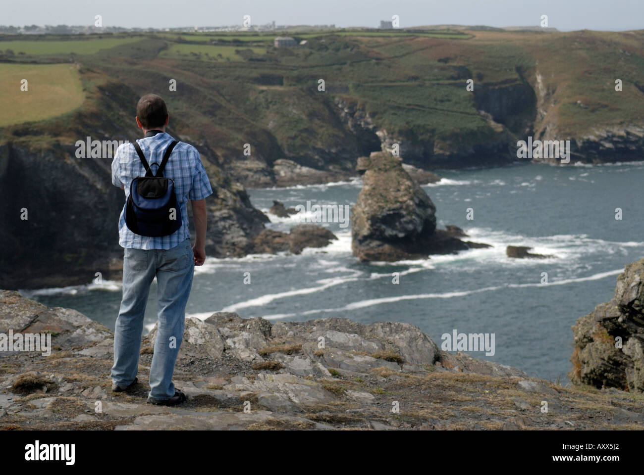 Walker on the Cornish Coastal Path Stock Photo