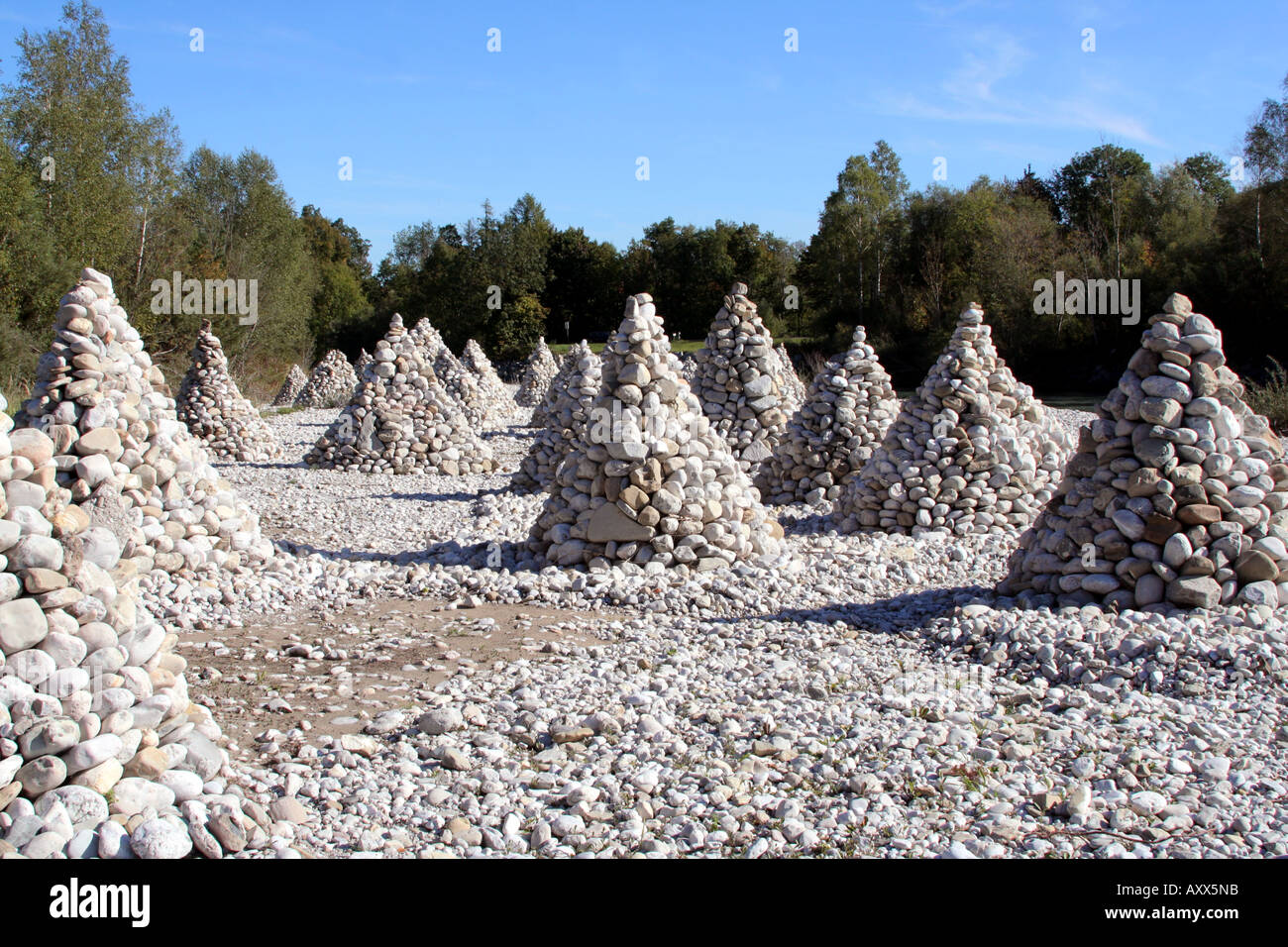 Stone Pyramids along the River Isar between Bad Toelz and Lenggries ...