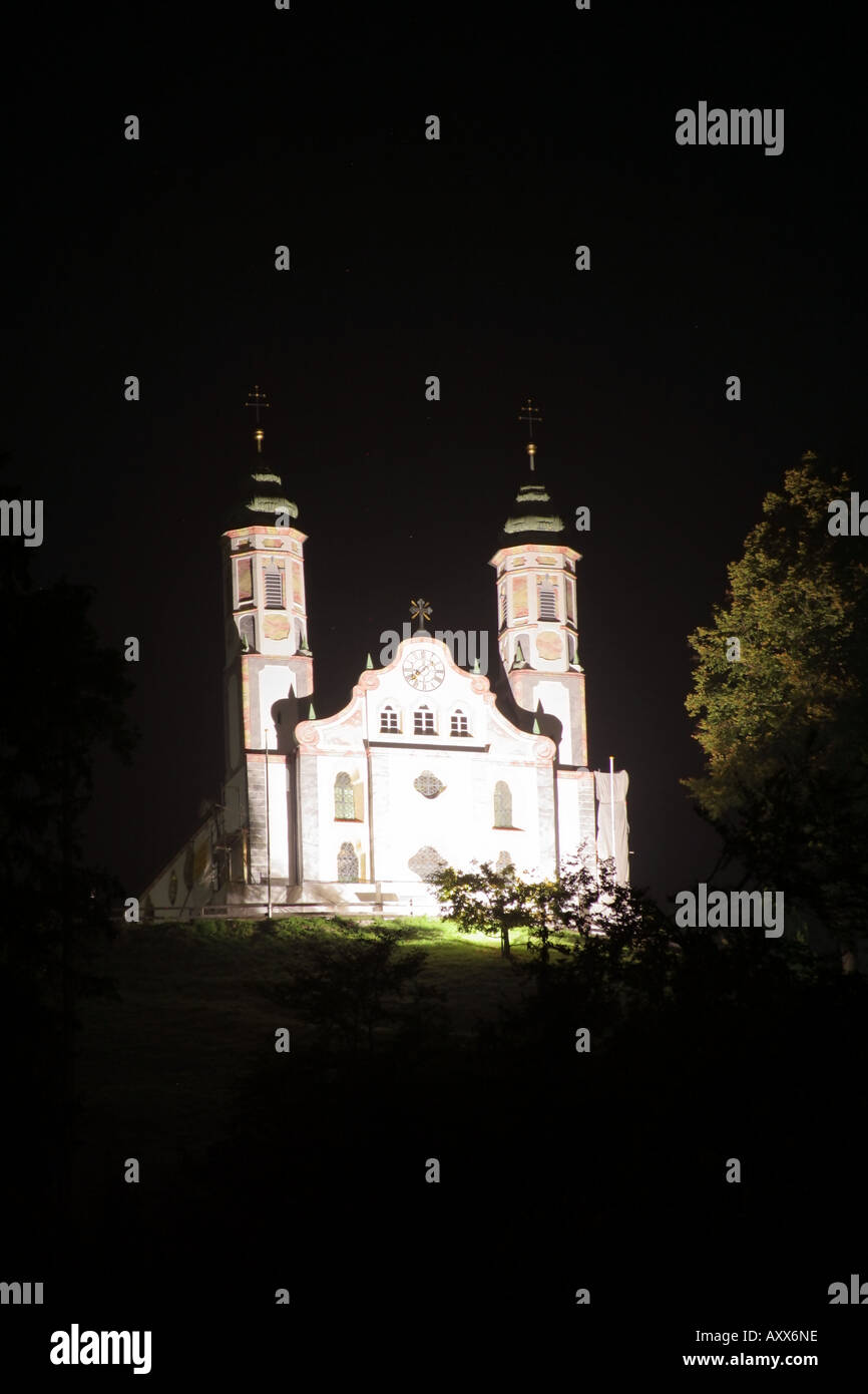church of the Holy Cross Calvary Hill illuminated at night Bad Toelz Upper Bavaria Germany Stock Photo