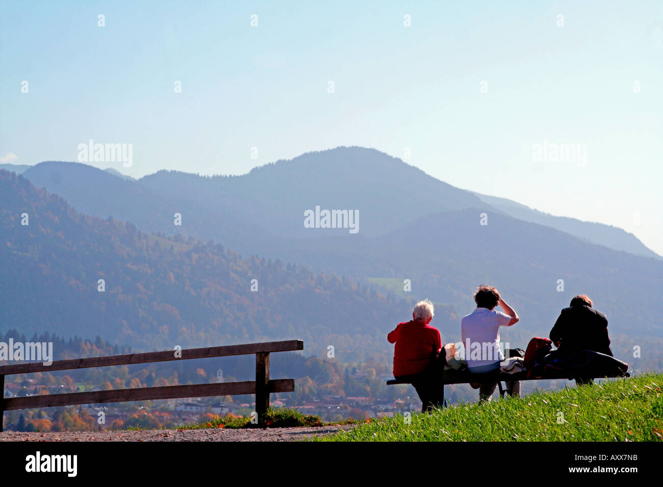 tourists and pilgrims enjoy the view from Calvary Hill towards the Alps  in autumn Bad Toelz Bavaria Germany Stock Photo