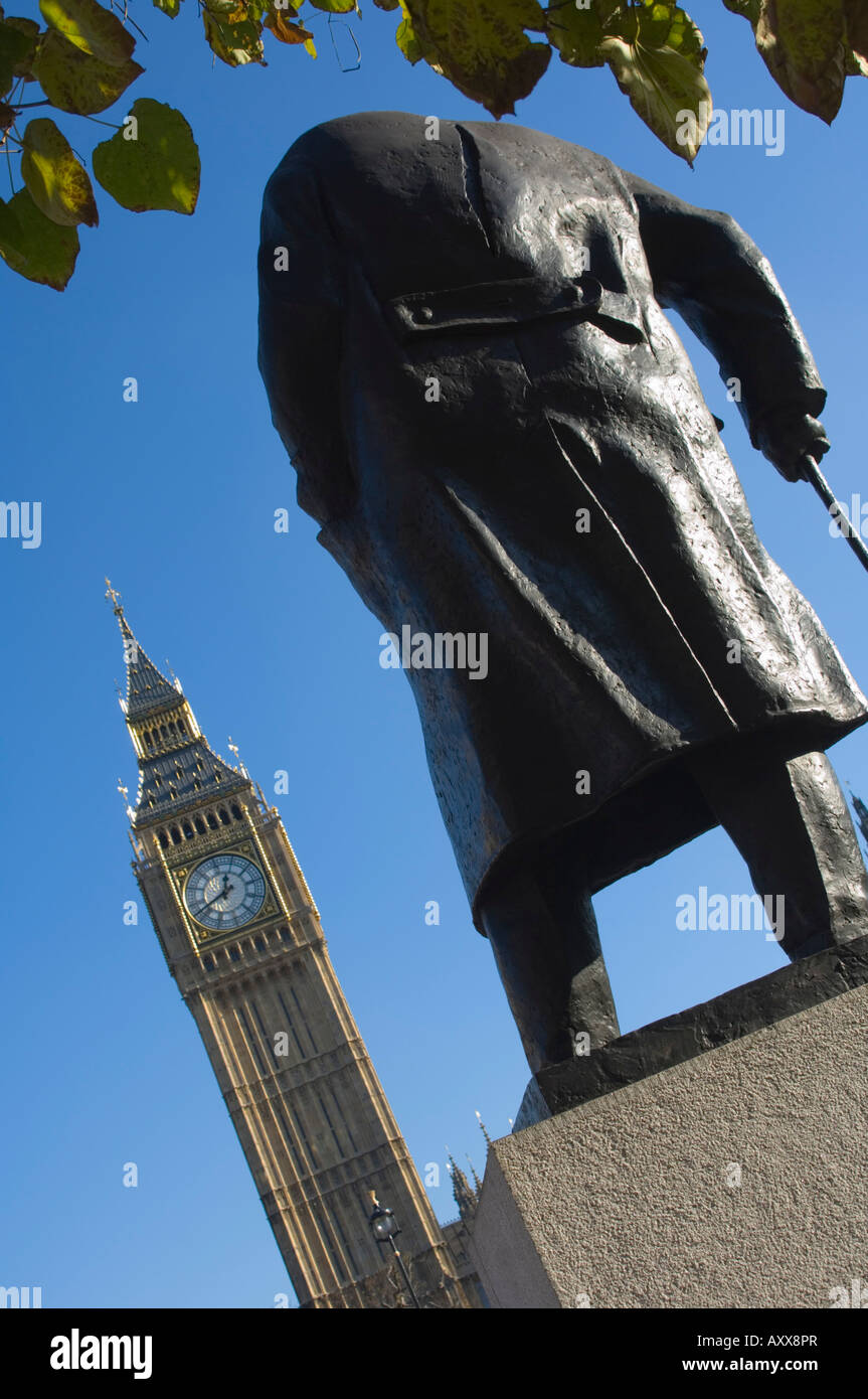 Big Ben and the Sir Winston Churchill statue, Westminster, London, England, United Kingdom, Europe Stock Photo