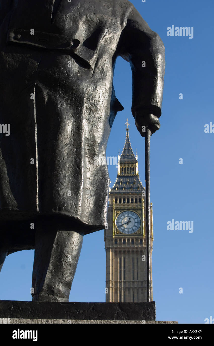 Big Ben through statue of Sir Winston Churchill, Westminster, London, England, United Kingdom, Europe Stock Photo