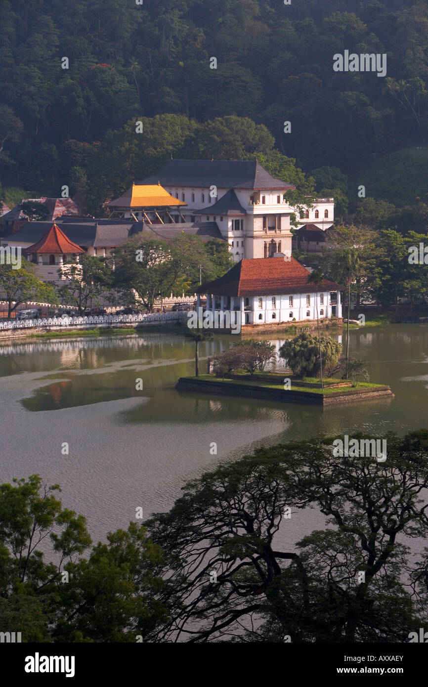 View over Kandy Lake to the Temple of the Tooth, Kandy, UNESCO Heritage Site, Sri Lanka, Asia Stock Photo