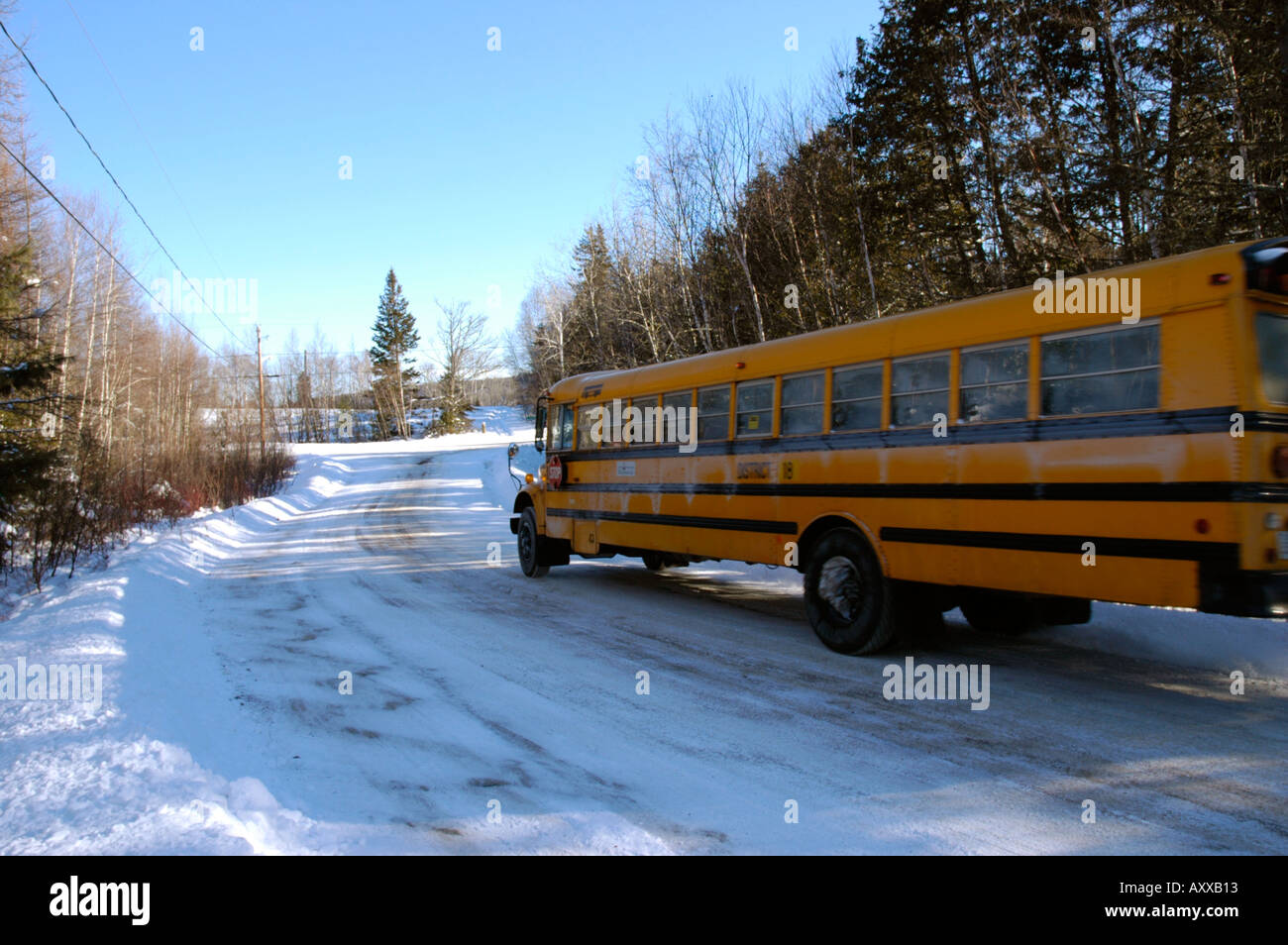 Yellow school bus travelling down a forest guarded road over ice and snow in New Brunswick Canada Stock Photo