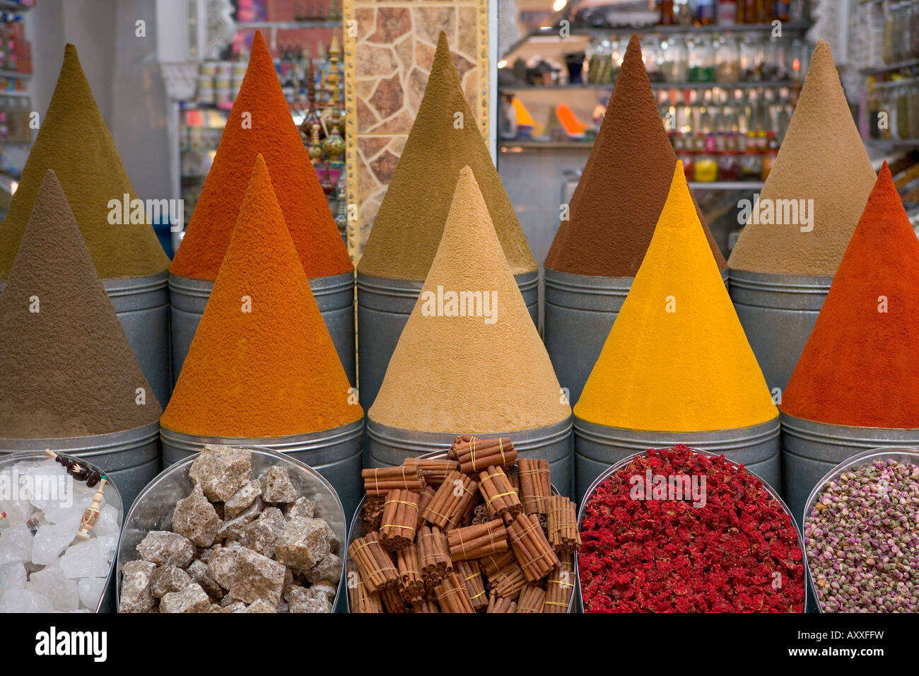 Spices for sale, Mellah district, Marrakesh (Marrakech), Morocco, North Africa, Africa Stock Photo