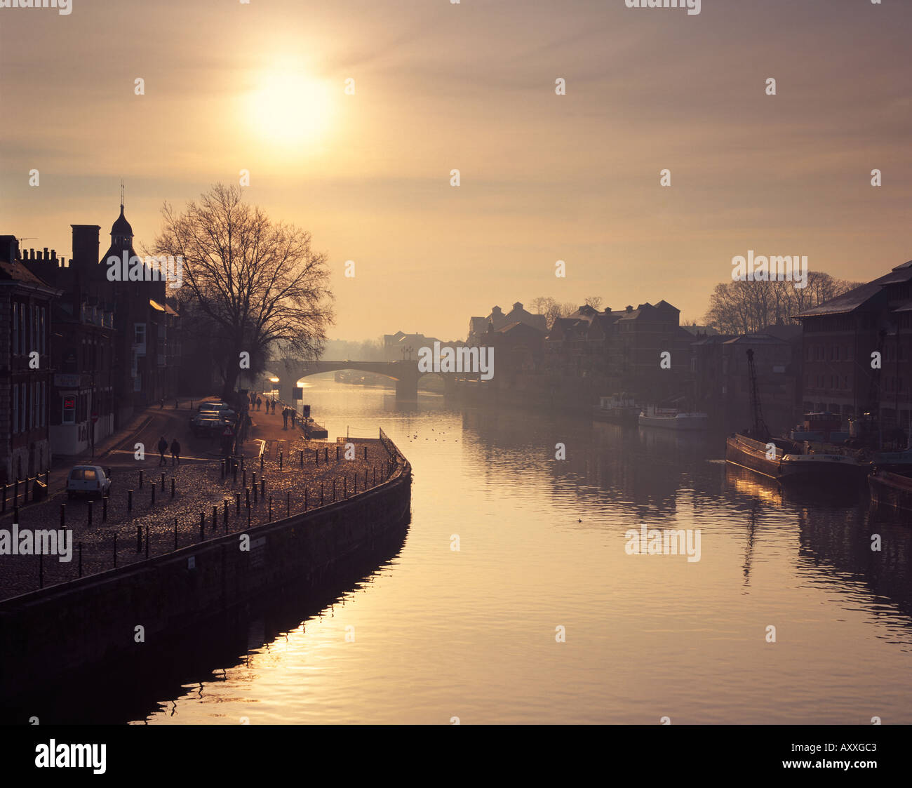 Early morning Winter light on the river Ouse taken from Ouse bridge in York, North Yorkshire Stock Photo
