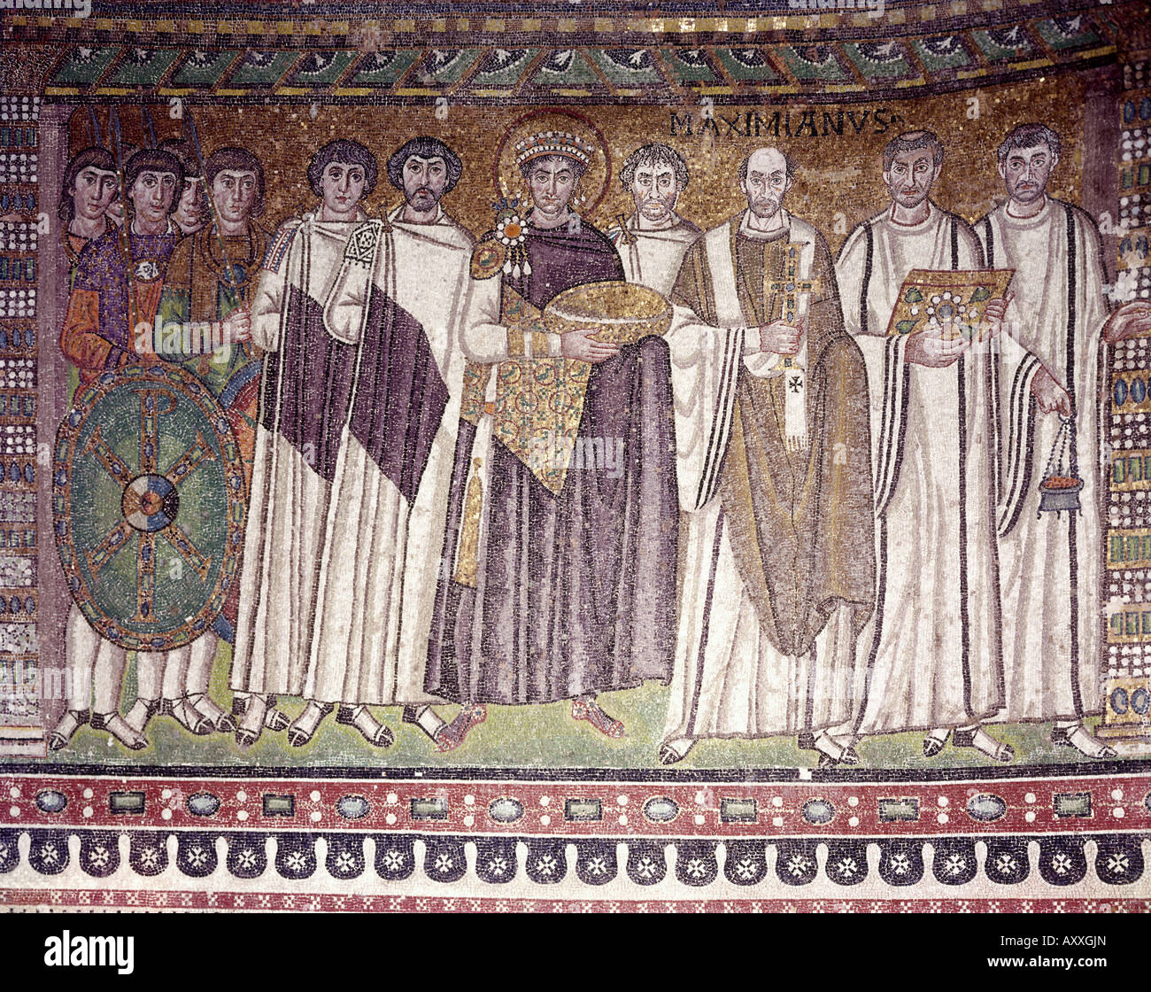 Justinian I (Flavius Petrus Sabbatius Justinanus), 482 - 14.11.565, Eastern Roman Emperor, with court, mosaic, circa 547, Basilica San Vitale, Ravenna, Italy, Stock Photo