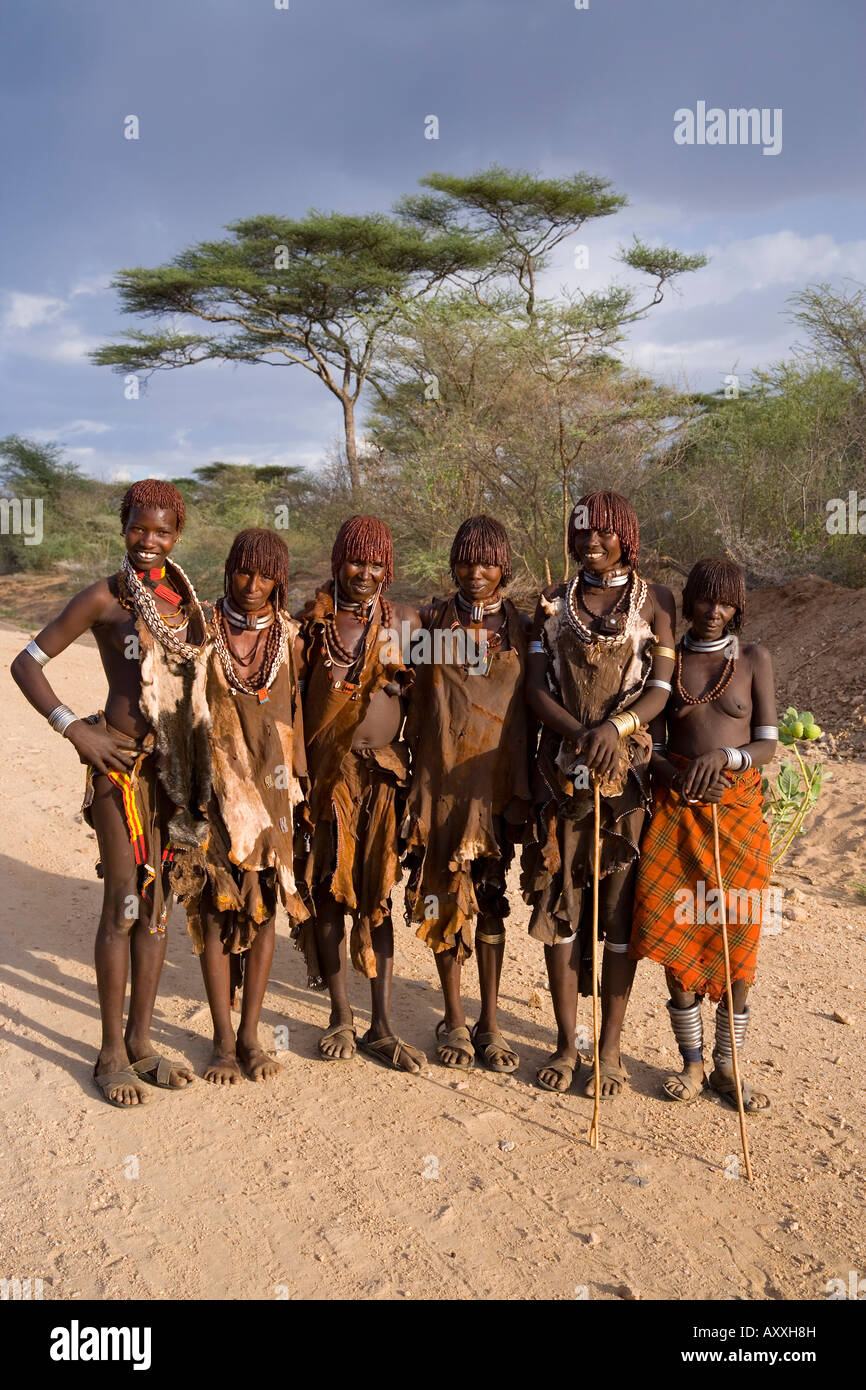 A group of Hamer women with goscha, Hamer Tribe, Lower Omo Valley, southern area, Ethiopia, Africa Stock Photo
