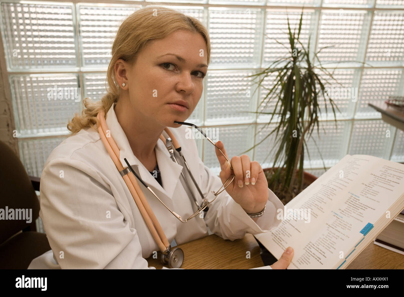 Portrait of a white female physician or doctor (played by a model) in