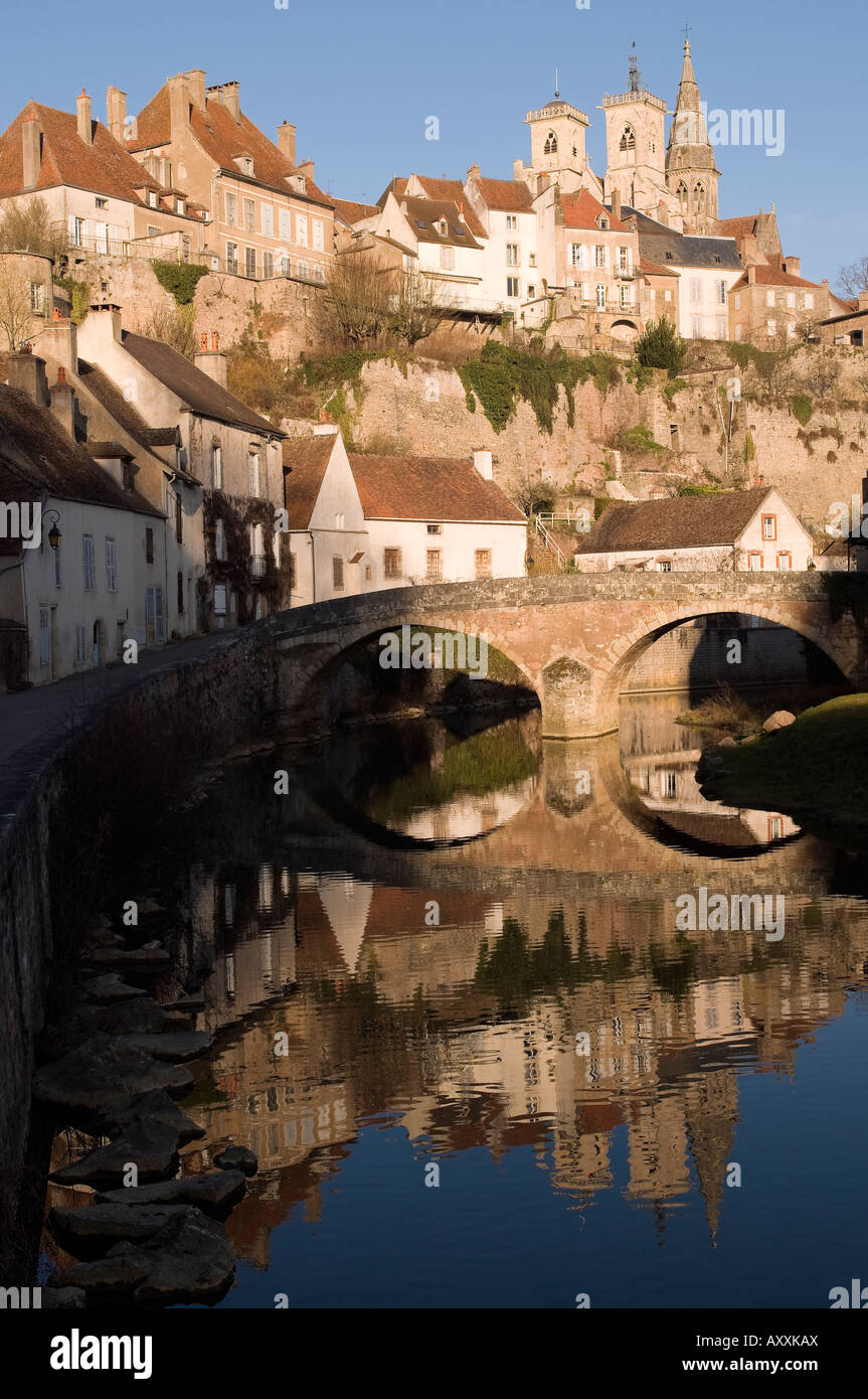 Late evening reflections of the french village Semur-en-Auxois, in Burgundy, France Stock Photo