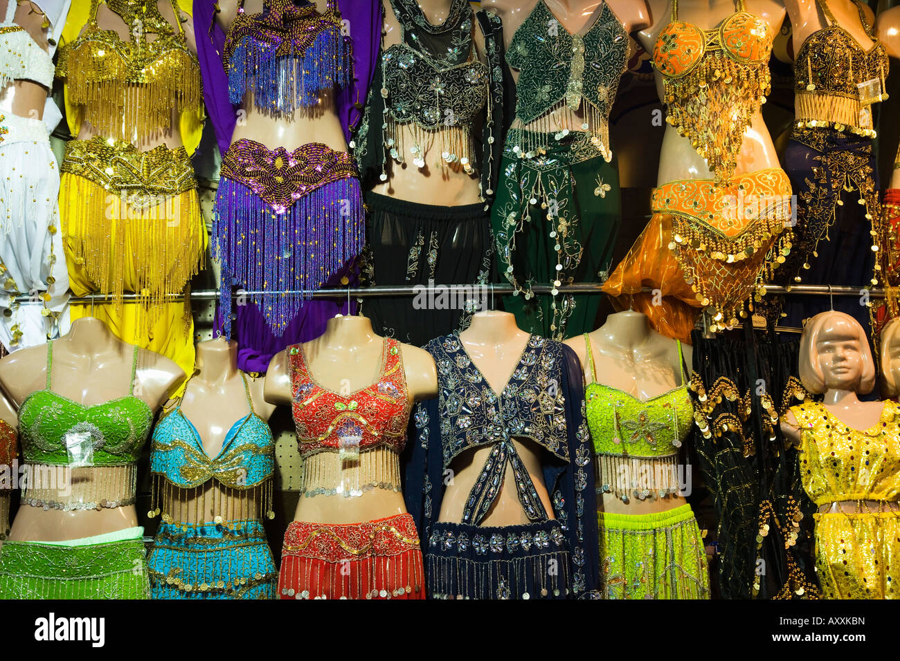 Istanbul, Marmara Region, Turkey; display of belly dancing costumes in the Grand Bazaar Kapali Carsi. Stock Photo