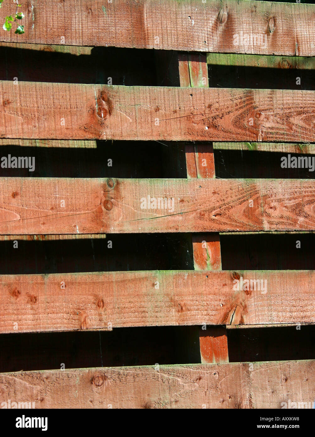 Red stained wooden garden fence Stock Photo