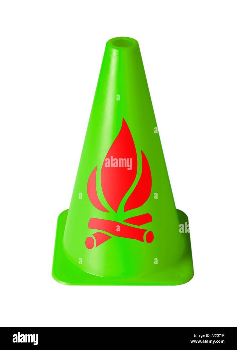 bright green safety cone with fire warning printed on against white
