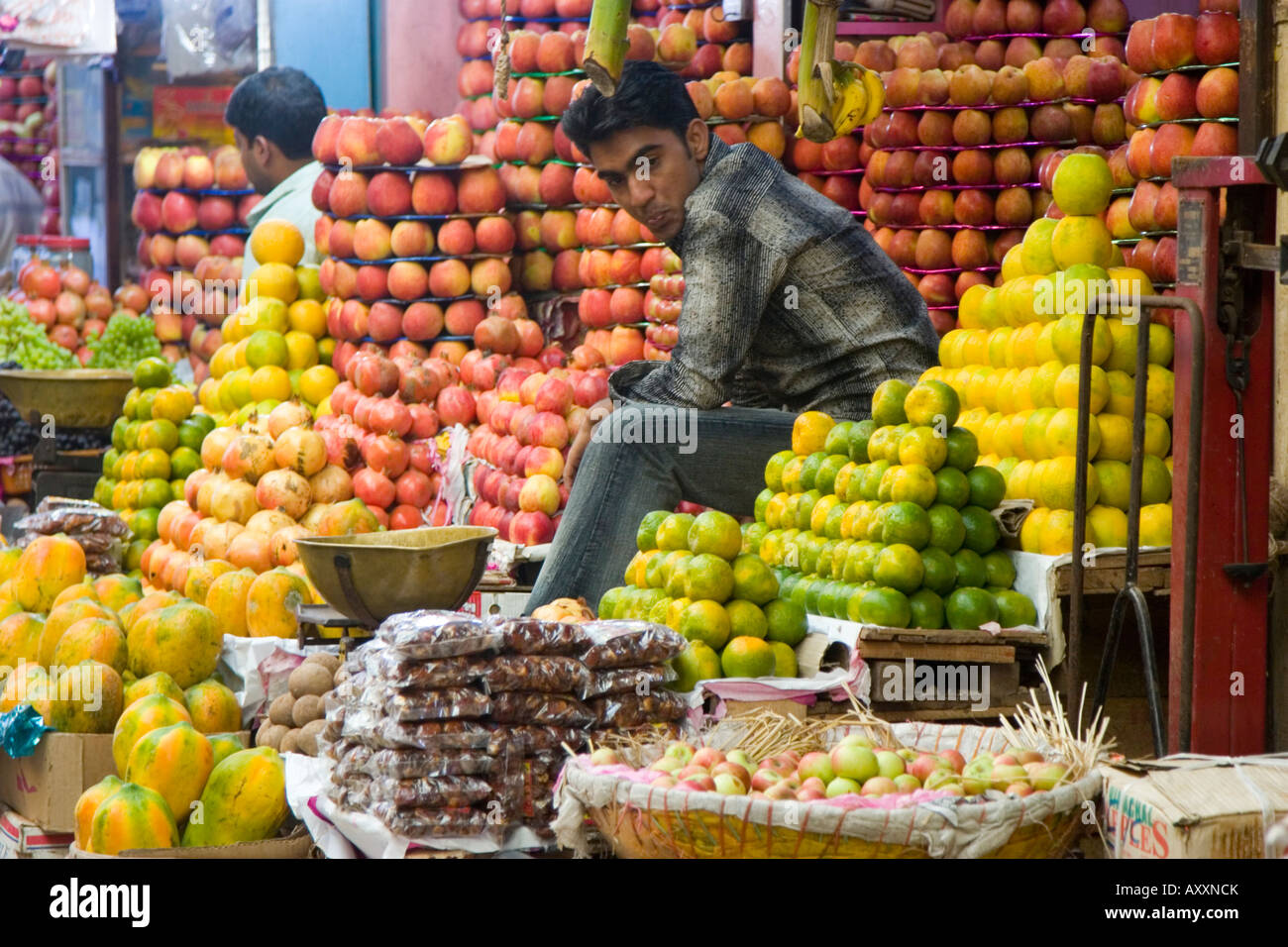 Mysore fruit market with various apples and citrus fruits piled high