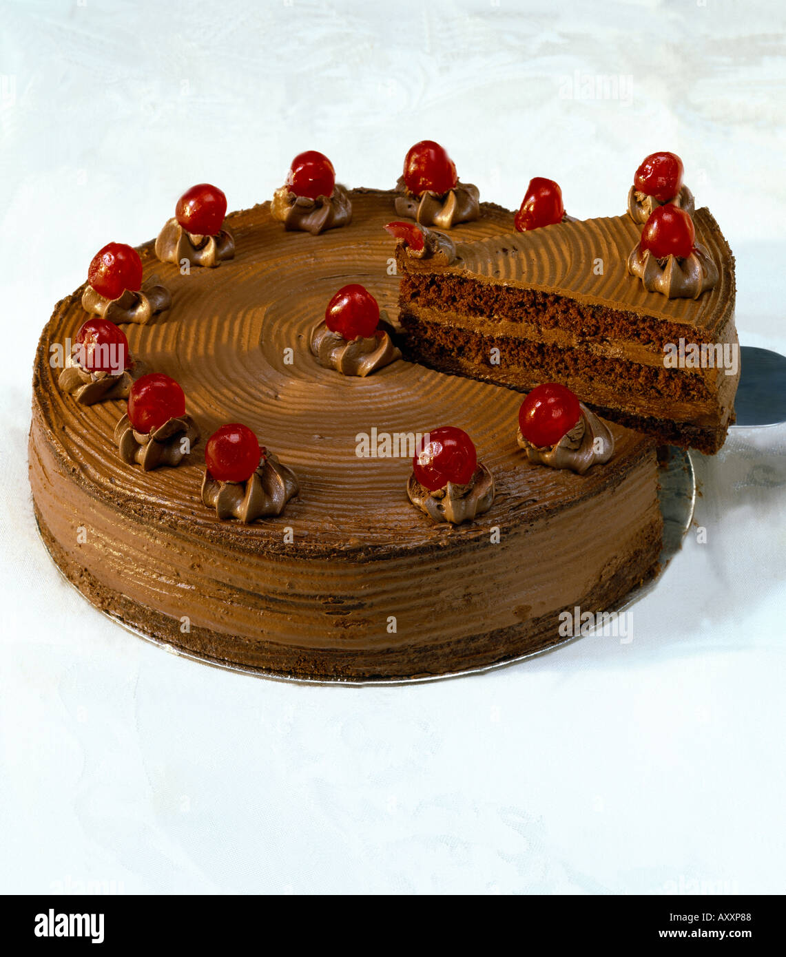 Chocolate Gateau With Glace Cherries Slice Portion Showing Stock Photo Alamy