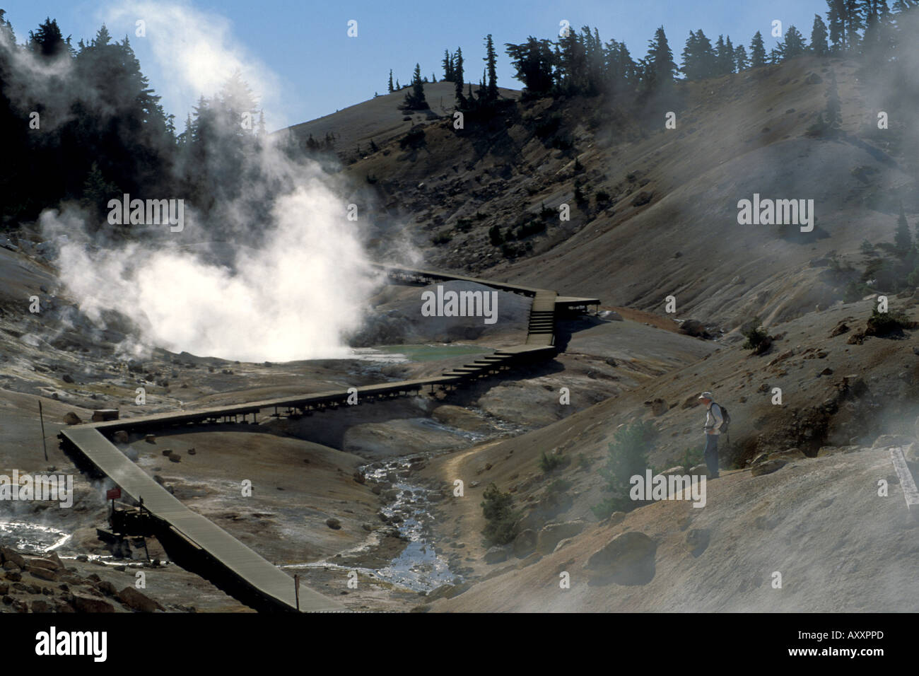 Hiker overlooking geothermal steaming pools at Bumpass Hell Lassen ...
