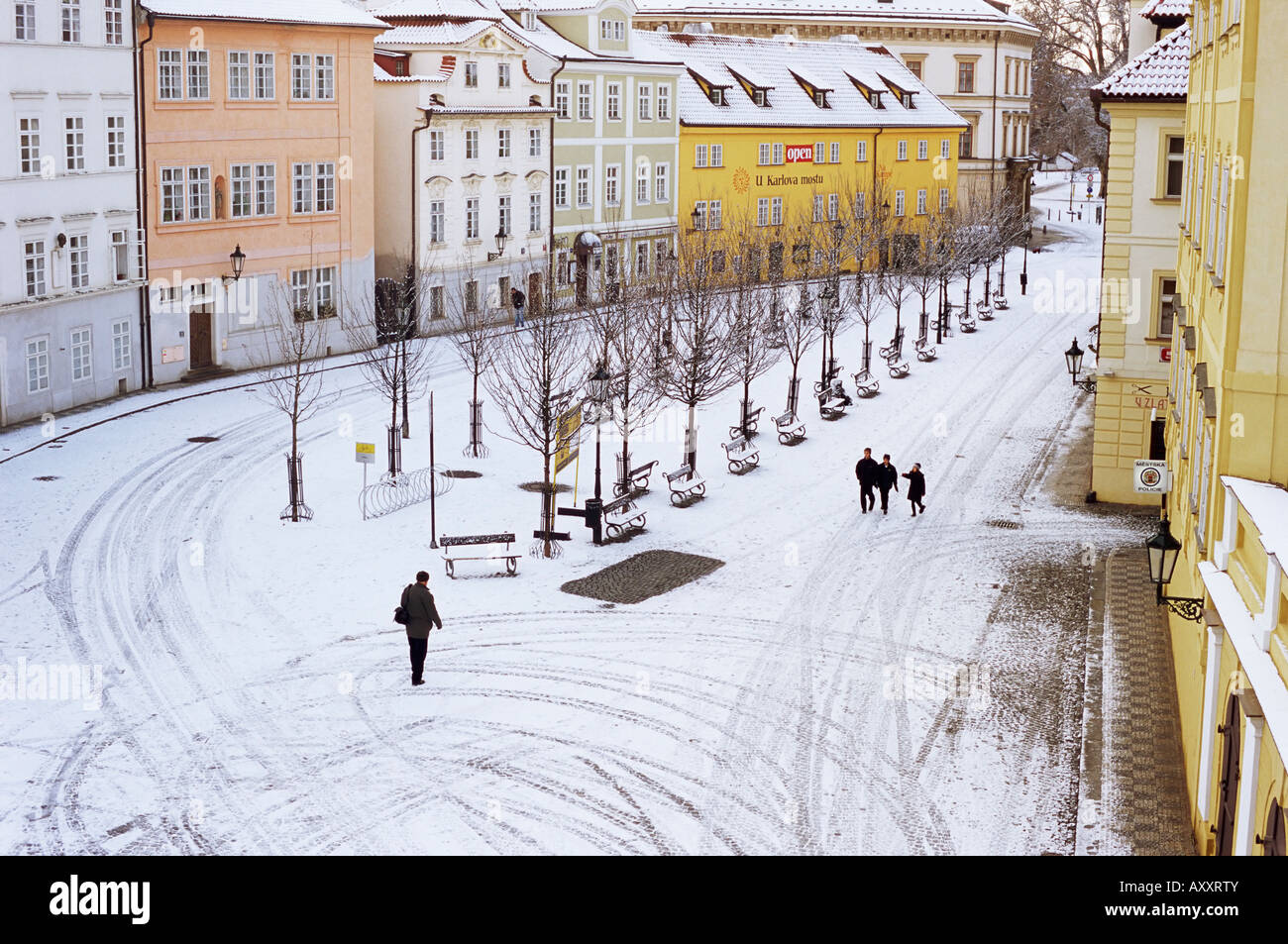 Snow covering Na Kampe Square, Kampa Island, Mala Strana suburb, Prague, Czech Republic, Europe Stock Photo
