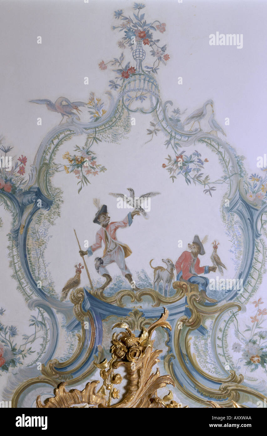 Brühl, Schloß Augustusburg, Neues Appartement, Kabinett, Deckenmalerei, Szene mit Affen Stock Photo