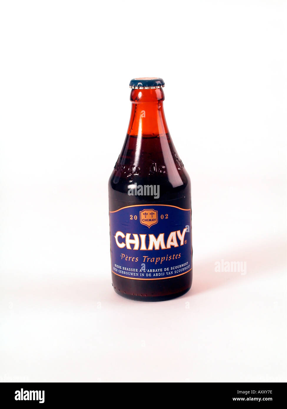 Bottle of Chimay Trappist beer brewed at Abbaye de Notre Dame de Scourmont Forges Belgium Capsule Bleue 7 1 Stock Photo