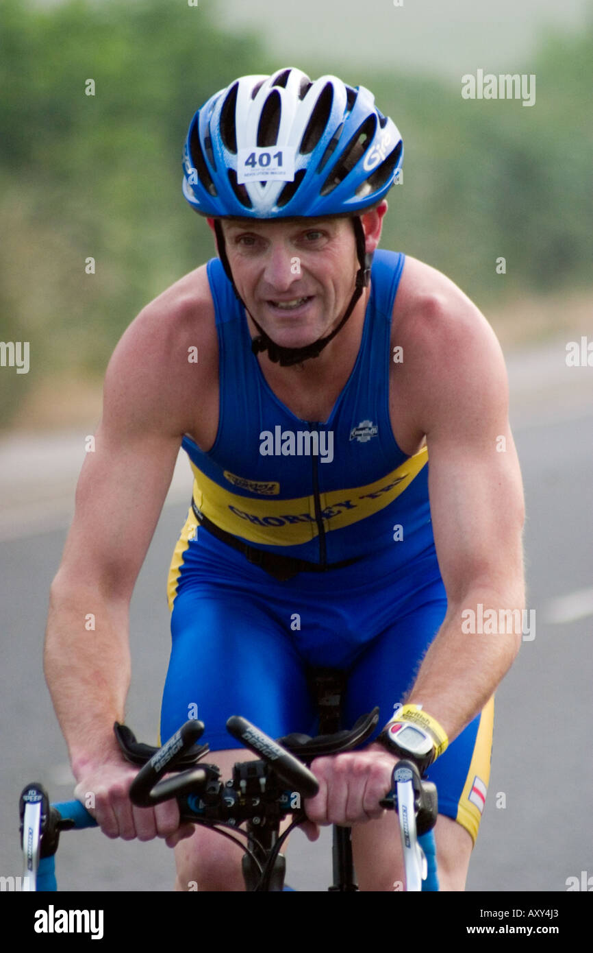 Male competitor during the cycling leg of The Wakefield Triathlon 2006 Stock Photo