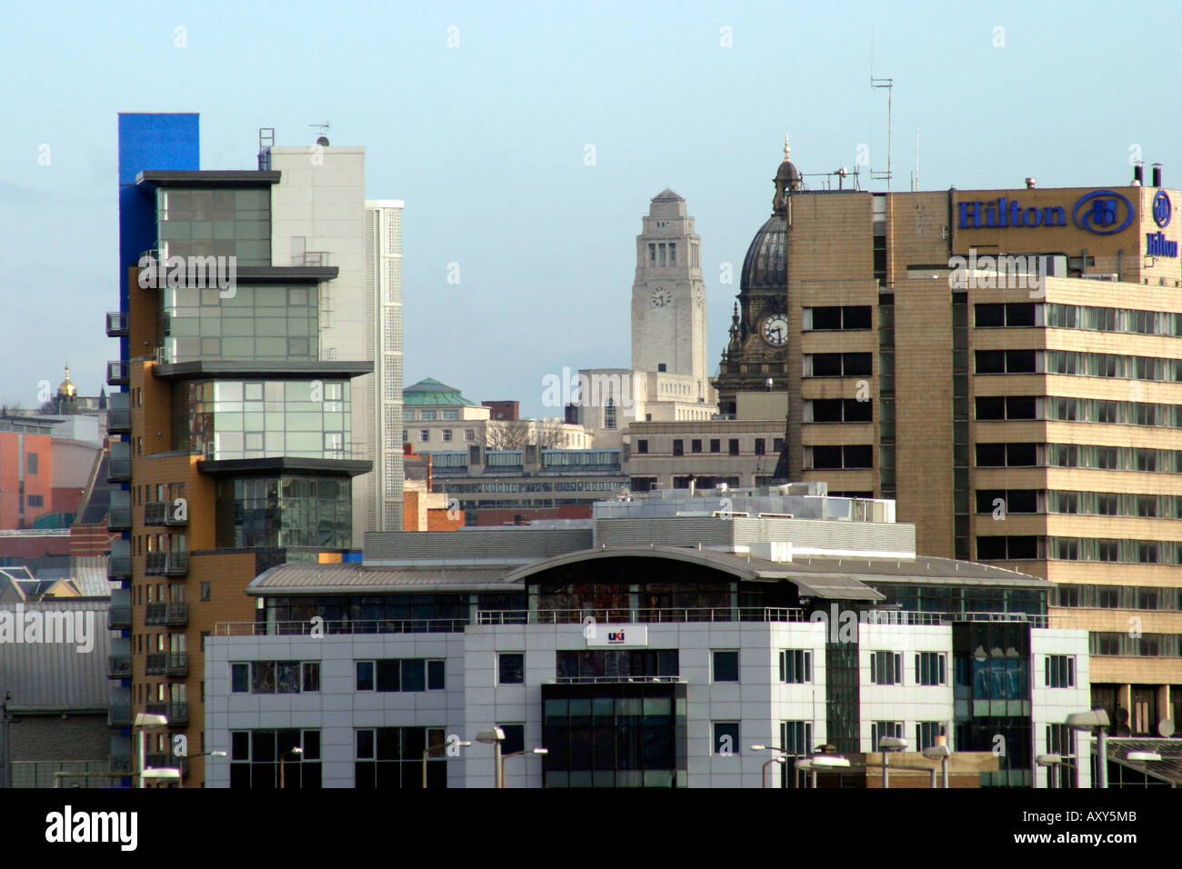 Leeds skyline from Dewsbury Road Towers of Leeds Town Hall and University clearly visible Stock Photo