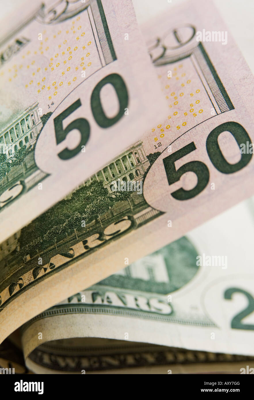 US currency, 50 and 20 dollar bills Stock Photo