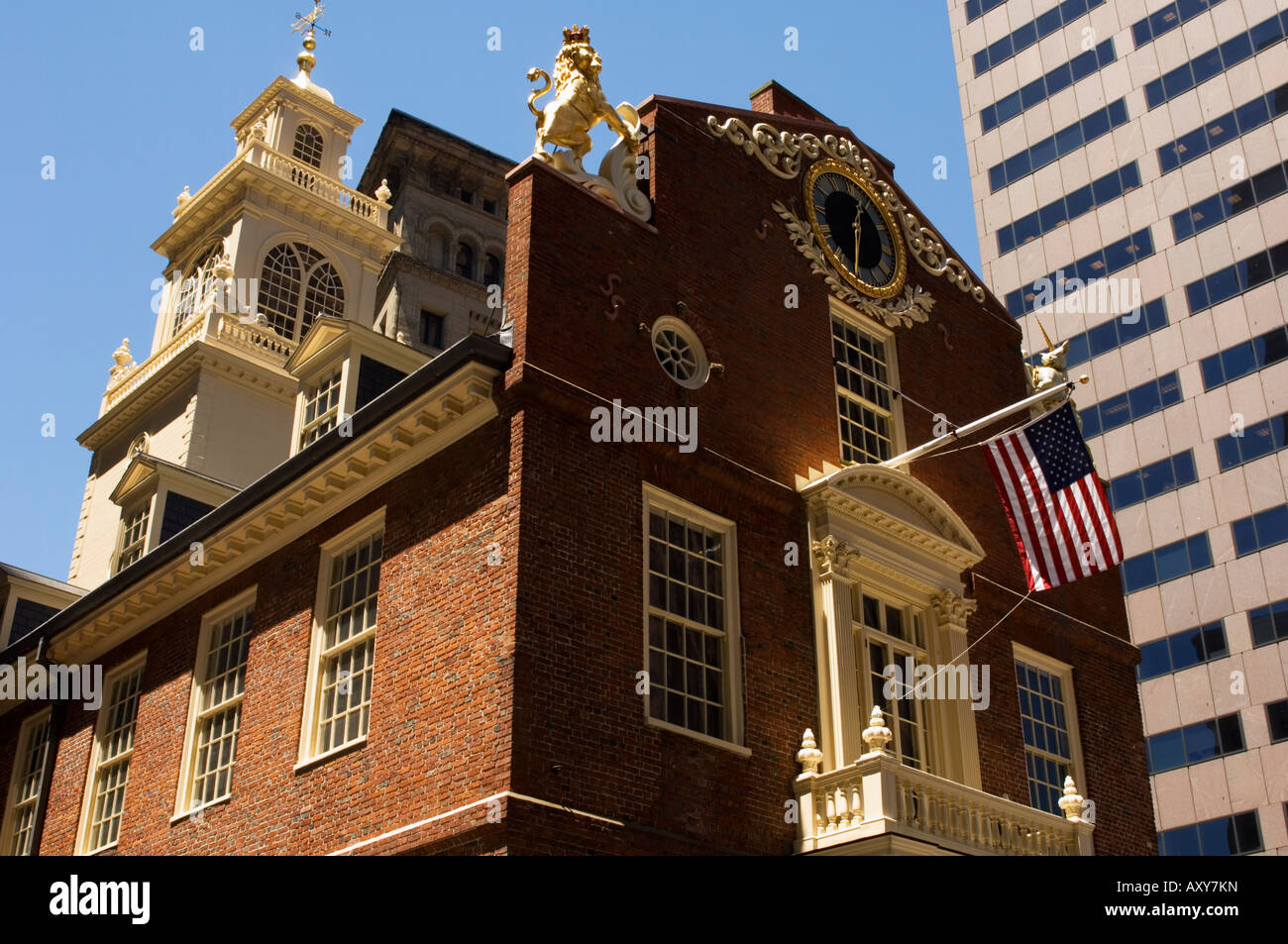 The Old State House, 1713, now surrounded by modern towers in the Financial District, Boston, Massachusetts, USA Stock Photo