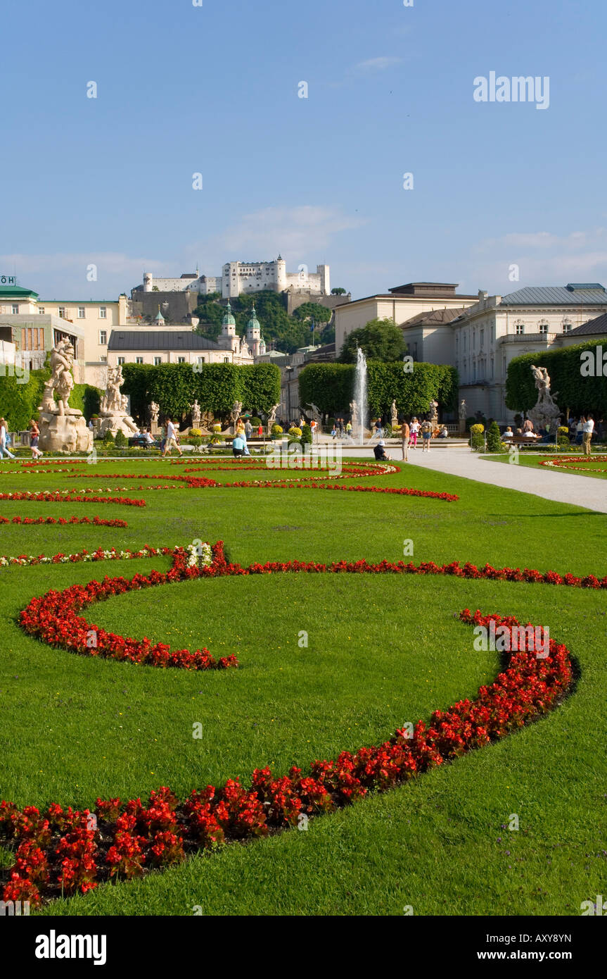Mirabell Gardens and Schloss Hohensalzburg, Saltzburg, Austria Stock Photo