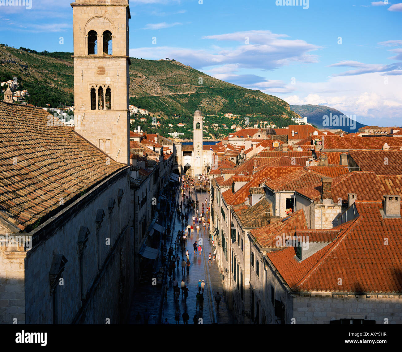 Elevated view along the pedestrian street of Placa to the clock tower, UNESCO World Heritage Site, Dubrovnik, Croatia, Europe Stock Photo