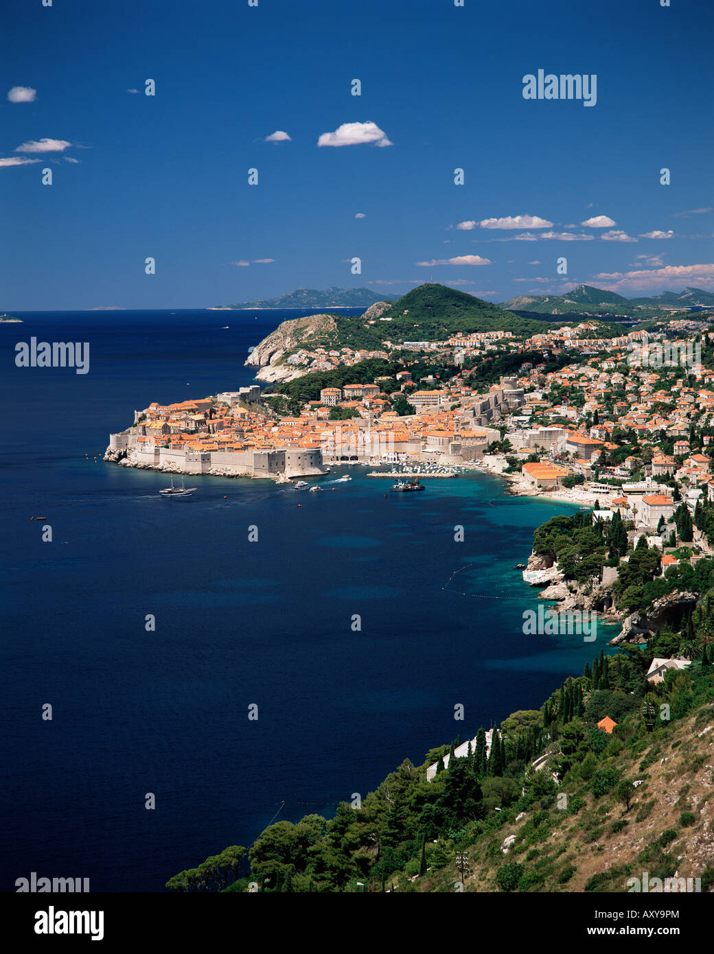 Elevated view along the coast to the city of Dubrovnik, Dalmatia, Dalmatian coast, Croatia, Europe Stock Photo