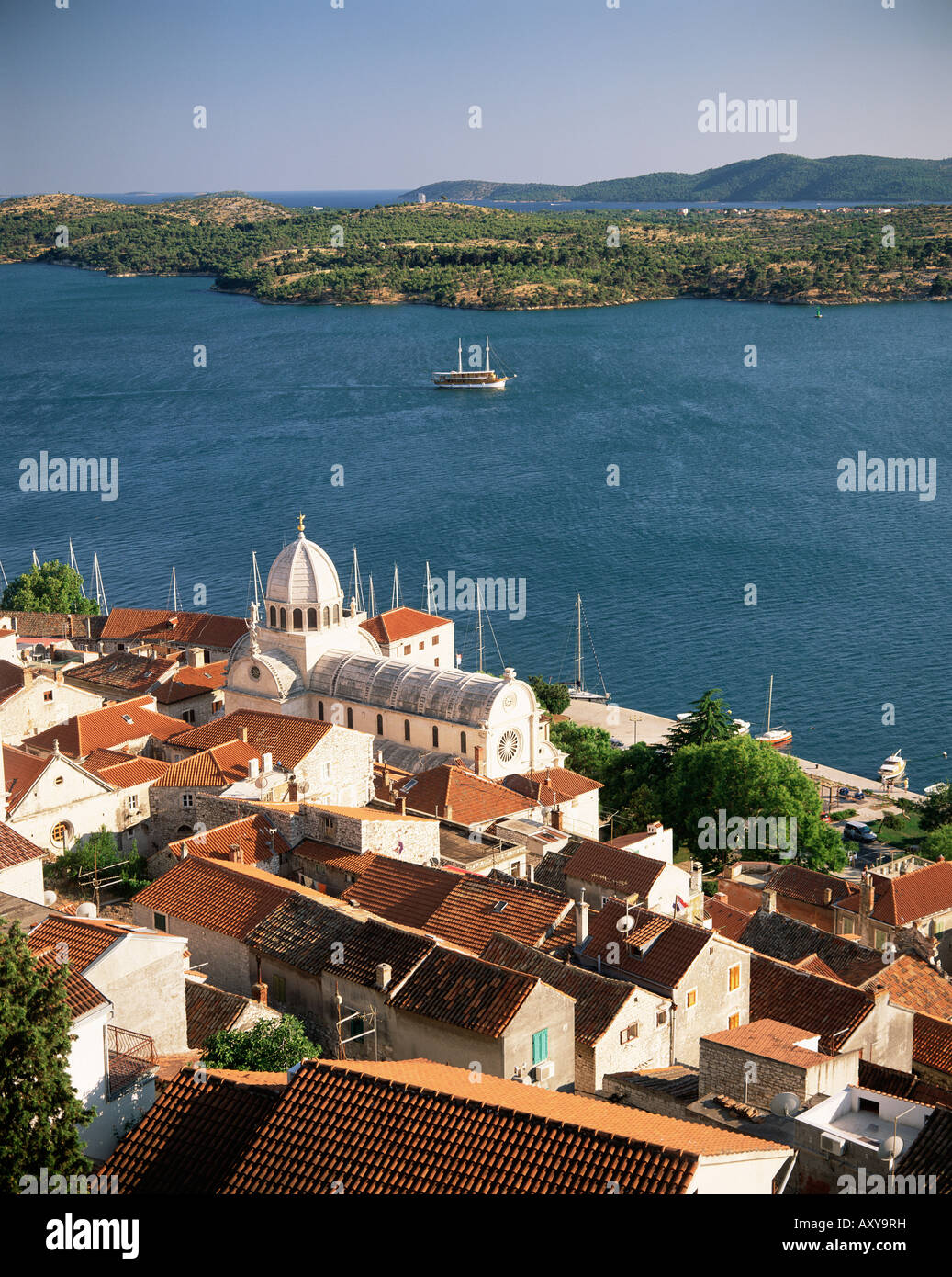 Elevated view of the Old Town and cathedral of St. Jacob, Sibenik, Knin Region, Dalmatia, Dalmatian coast, Croatia, Europe Stock Photo